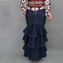 Новинка, модные женские джинсовые многослойные плиссированные макси длинные Облегающие юбки в стиле рыбий хвост, женские юбки размера плюс S-2xl