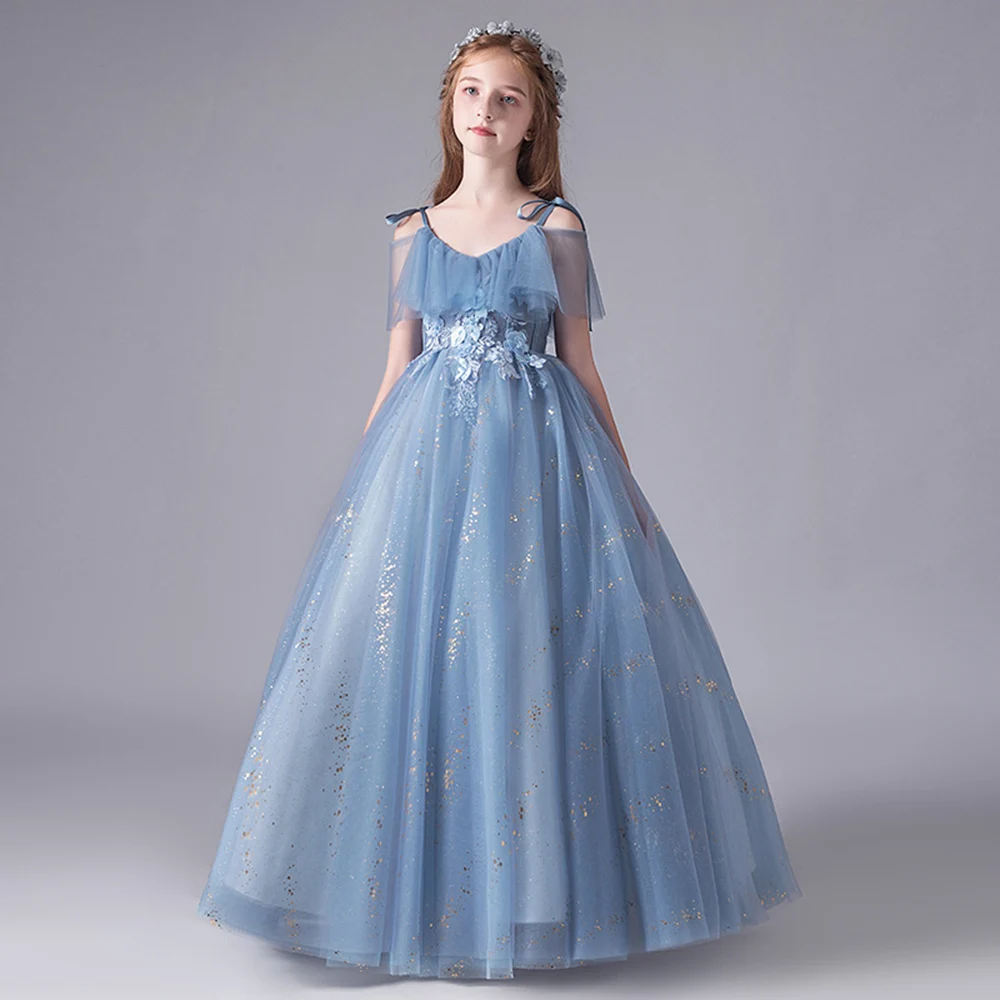 

Elegant Dresses for Girls Wedding Dress Sequin Blue Kids High Waist V-neck Summer Dress 2020 Ball Gown Tulle Flower Girl Dresses