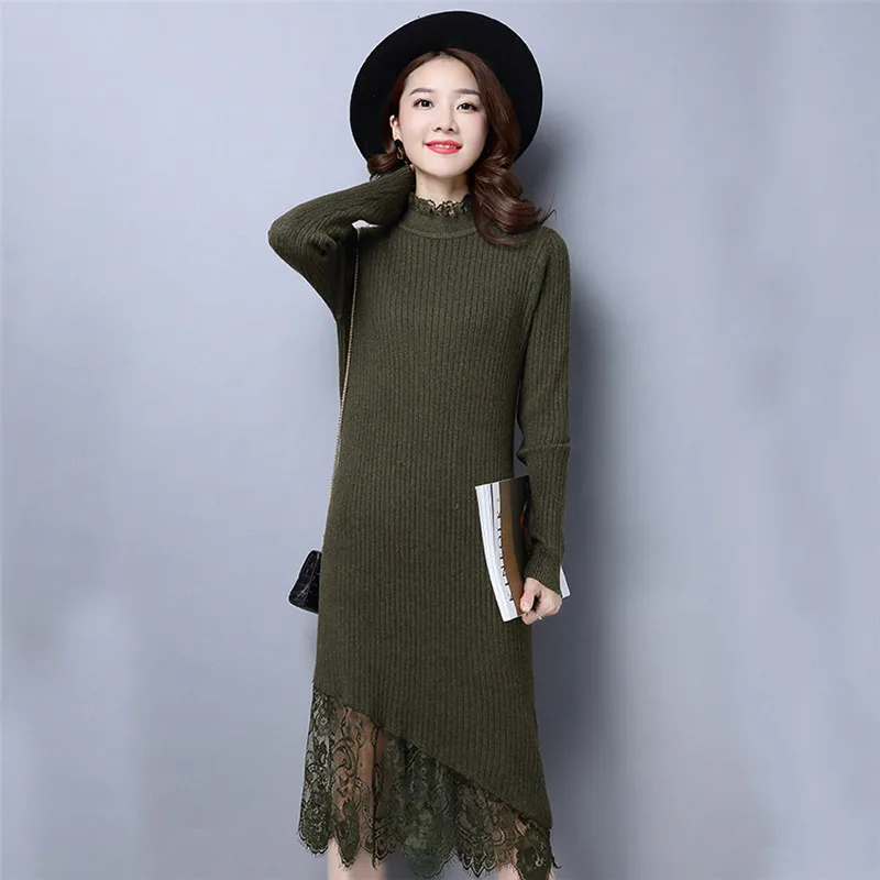 

New Autumn Winter Women Turtleneck Sweater Dress Lace Patchwork Knitted Dresses Female Long Sleeve Bottom Long Vestidos AB1625