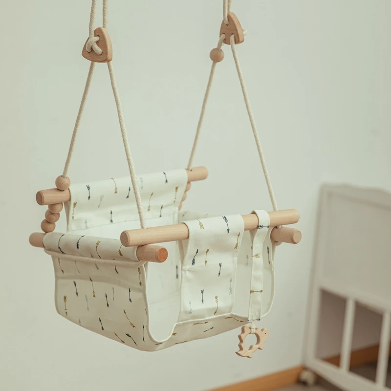 INS Portable Baby Wooden Hanging Swing Seat Adjustable Safety Canvas Cushion Hammock 0-12 Months Toddler Outside Swing Chair 5