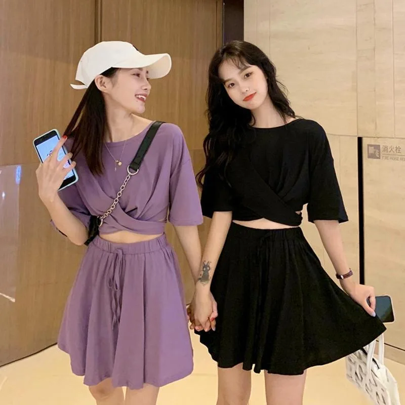 

Summer Short Skirts High Waist Leaky Umbilical for Women Two Pieces Cute New Korea Style Casual White Solid Fashion Skirt Suit