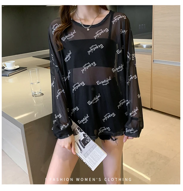 Disney 2021 Summer Famous Anime Mickey Mouse Brand Mesh Shirt Women Sun Protection Transparent Long Sleeve Blouse Ladies T-shirt 3752 Black