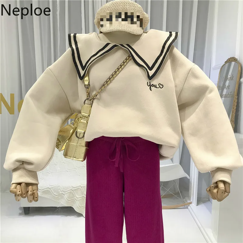 Neploe, Ретро стиль, матросский воротник, длинный рукав, теплые толстовки, повседневный лоскутный пуловер с буквенным принтом, толстовка, осень, весна, теплый Свободный Топ