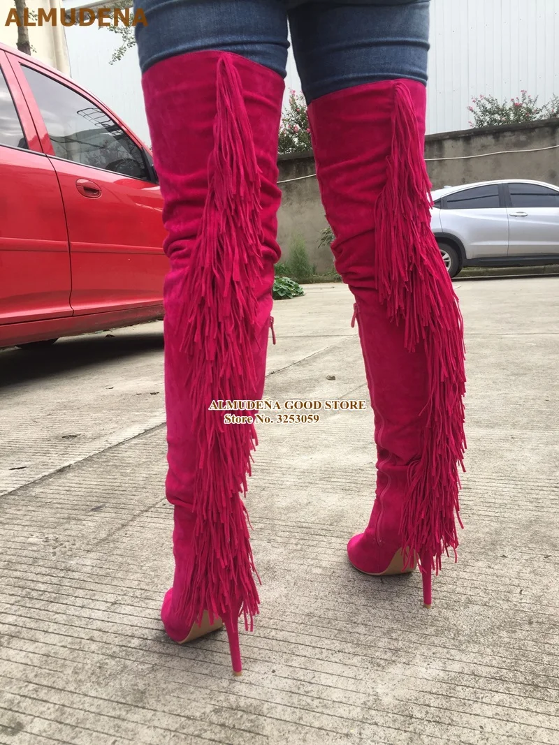 1909S1065 玫红色绒面鱼嘴过膝后流苏长靴 刘兴欢280 (6)