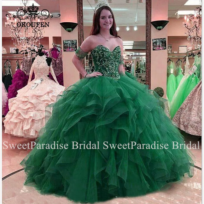 Бриллианты, кристаллы, бусины, бальные платья, Зеленый Тюль, Vestidos De 15 Anos, Длинное Пышное Бальное Платье, милое 16 платье, вечерние платья для девочек