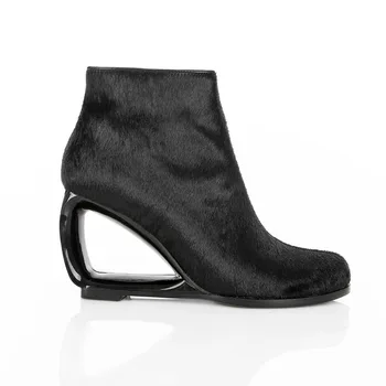 

Womens Horsehair Fur Ankle Boots Wedge Hollow Out Heel Round Toe Shoes Side Zipper Fashion Black New 2020