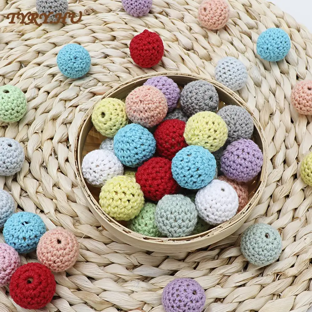 

TYRY.HU 50pc/Lots 16/20mm Crochet Round Wooden Beads Handmade ball Can Chew DIY Pacifier chains Teething Bracelet beads