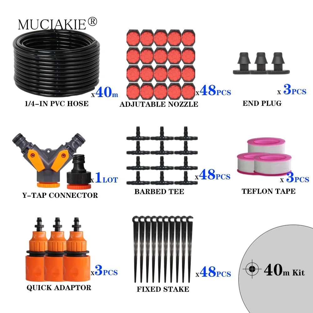 MUCIAKIE 60M Регулируемый садовый для капельного орошения, Системы бонсай для полива 4/7 мм ПВХ лента для шланга разъем капельниц Тройник - Цвет: 40m Kits
