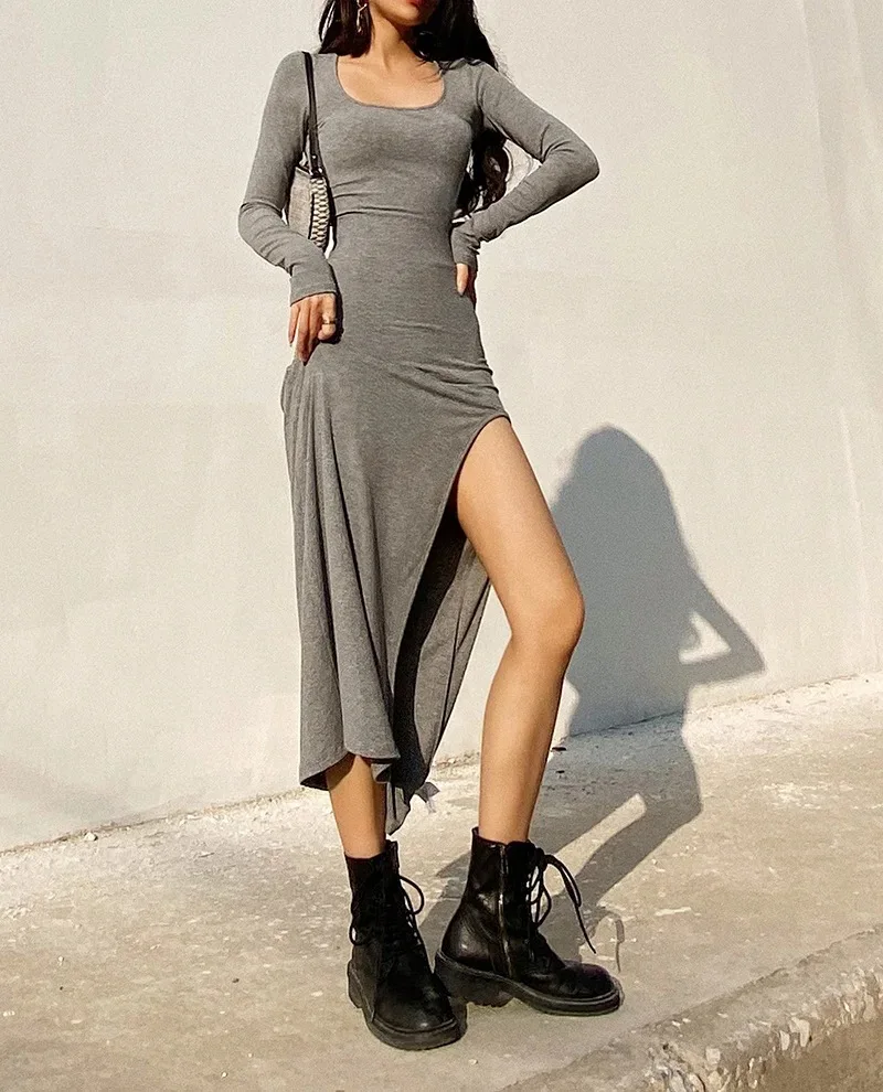 

Women's Dresses Winter Autumn Sexy French Slit Sweater Dress Female Slim Tight-fitting Hip-knit over the knee dresses