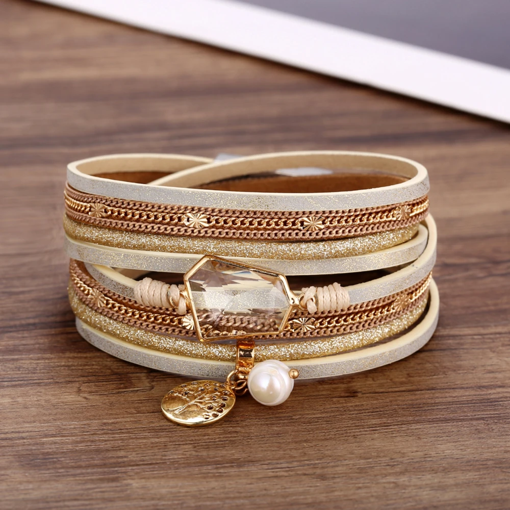 Boho винтажный Регулируемый многослойный браслет для женщин Золотая Геометрическая Хрустальная искусственная жемчужина кожа металлическая монета ювелирные изделия