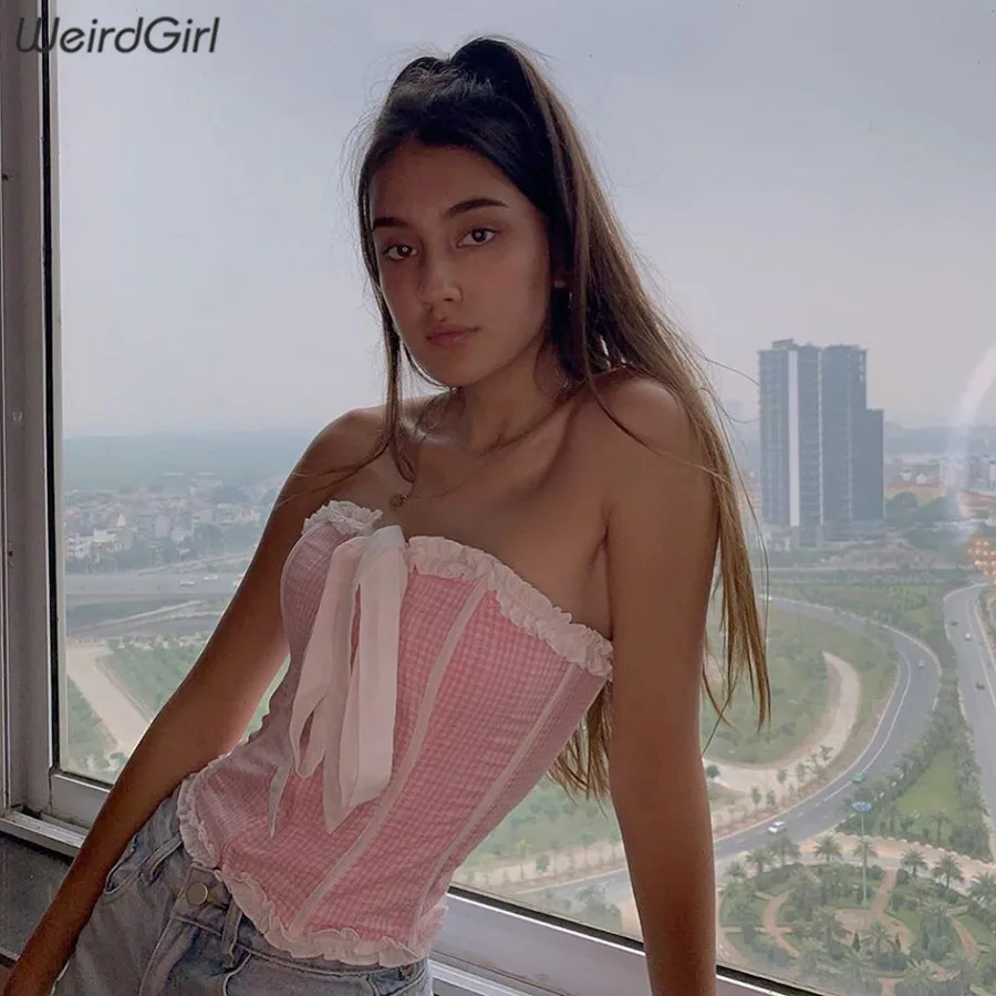 Weirdgirl Женские клетчатые сексуальные майки бабочка узел бант с открытыми плечами створки шеи Труба Топы Вечеринка клуб короткие femme жилет кроп Топы