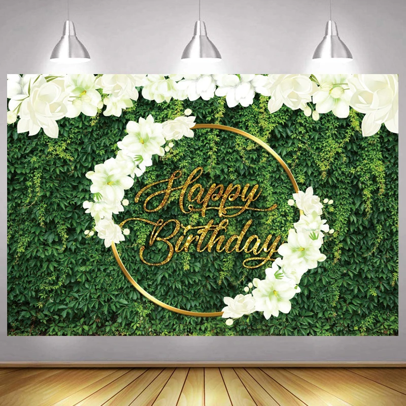 

Green Grass Happy Birthday Backdrop Women Men Flower Party Floral Leave Photography Background Adult Photographic Banner