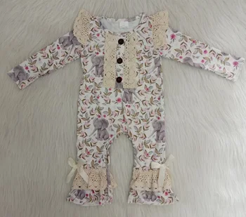 

2020 Lace Style Full Sleeve Baby Girls Romper Little Elephant Cartoon Character Print Infant Kids Bow Jumpsuit Clothes