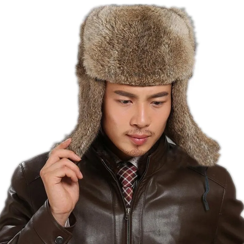 

Ushanka Men Genuine rabbit fur Winter Snow Cap Vintage Russian Bomber Hats with Earflap Aviator Trapper H171
