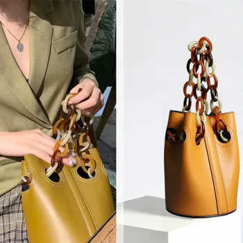 

Large Capacity Bucket Bag Woman 2020 New European and American Retro Solid Color Cow Leather Bag Resin Chain Handbag