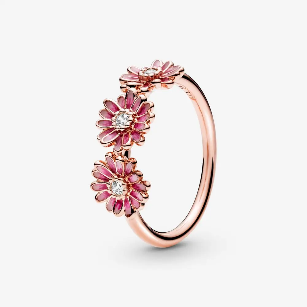 

2020 Spring New 100% 925 Silver Rings Pink Daisy Flower Trio Ring Rose gold Rings Engagement Anniversary Rings Women Jewelry