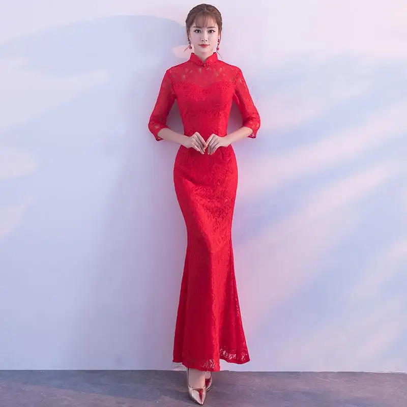 Красный китайский традиционный для женщин рыбий хвост Qipao невесты свадебное платье Элегантный кружево Мандарин воротник Cheongsam Vestidos De Festa - Цвет: Style 11