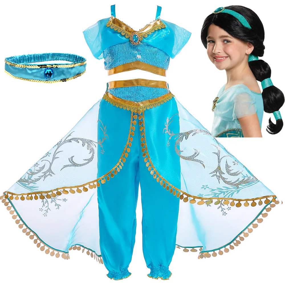 Princess Dress up of Jasmine Aladdin and the Magic Lamp Girls Birthday Party Jasmine Costume Cosplay Top Pants Wig for Kids spider woman costume