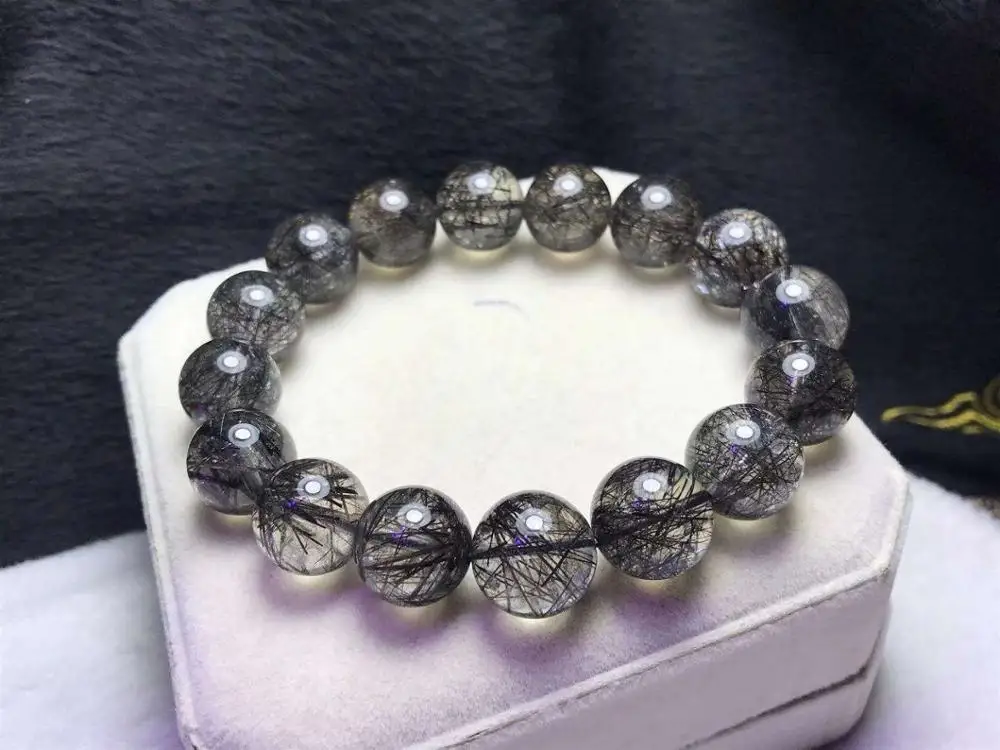 

13.5mm Natural Black Hair Rutilated Quartz Bracelet For Woman Man Brazil Round Beads Gift Gemstone Crsysal Fashion Jewelry AAAAA