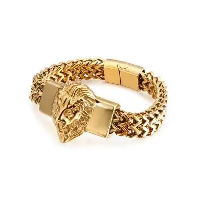 

Gold Color Figaro Chain Bracelet 316L Stainless Steel Jewelry for Men Women Mini Lion Head Charming Bangle Gift 8.66inch 15mm