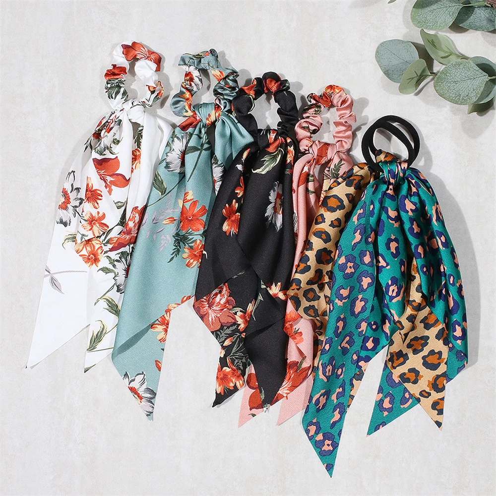 flower hair clips New Fashion Print Bow Scrunchies Hair Ribbon For Women Elastic Hair Band Girls Horsetail Hair Ties Hair Accessories small hair clips