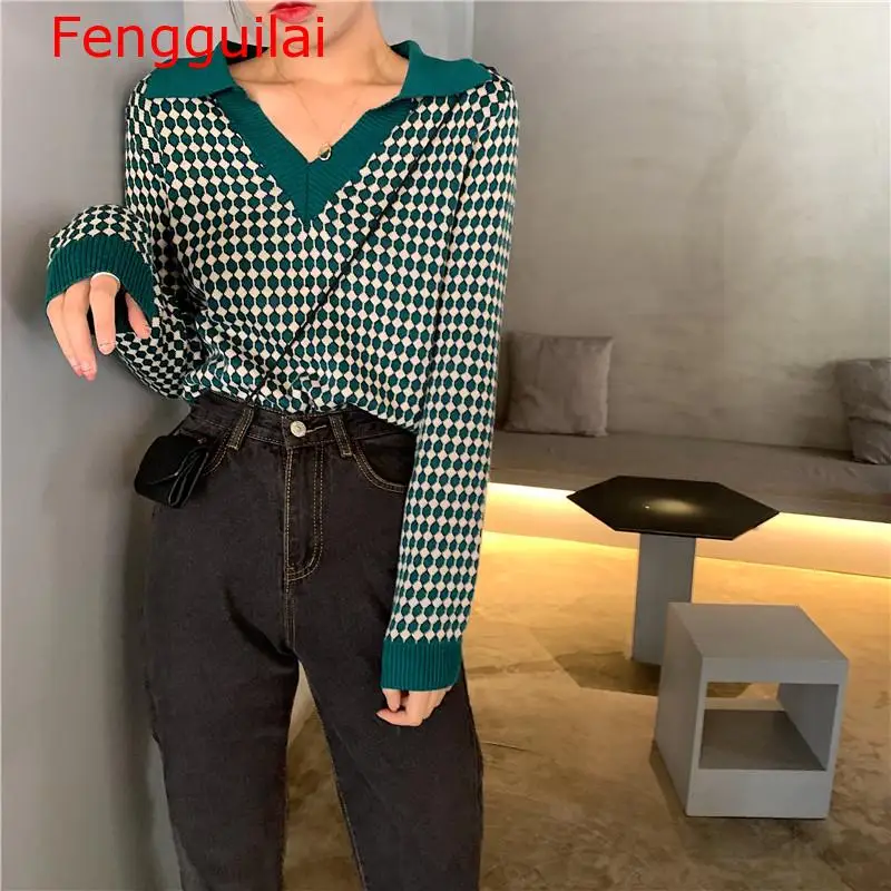 

V Neck Contrast Color Patch Dot Design Pull Femme Turn Down Collar Contrast Color Long Sleeve Knit Sweater Warm