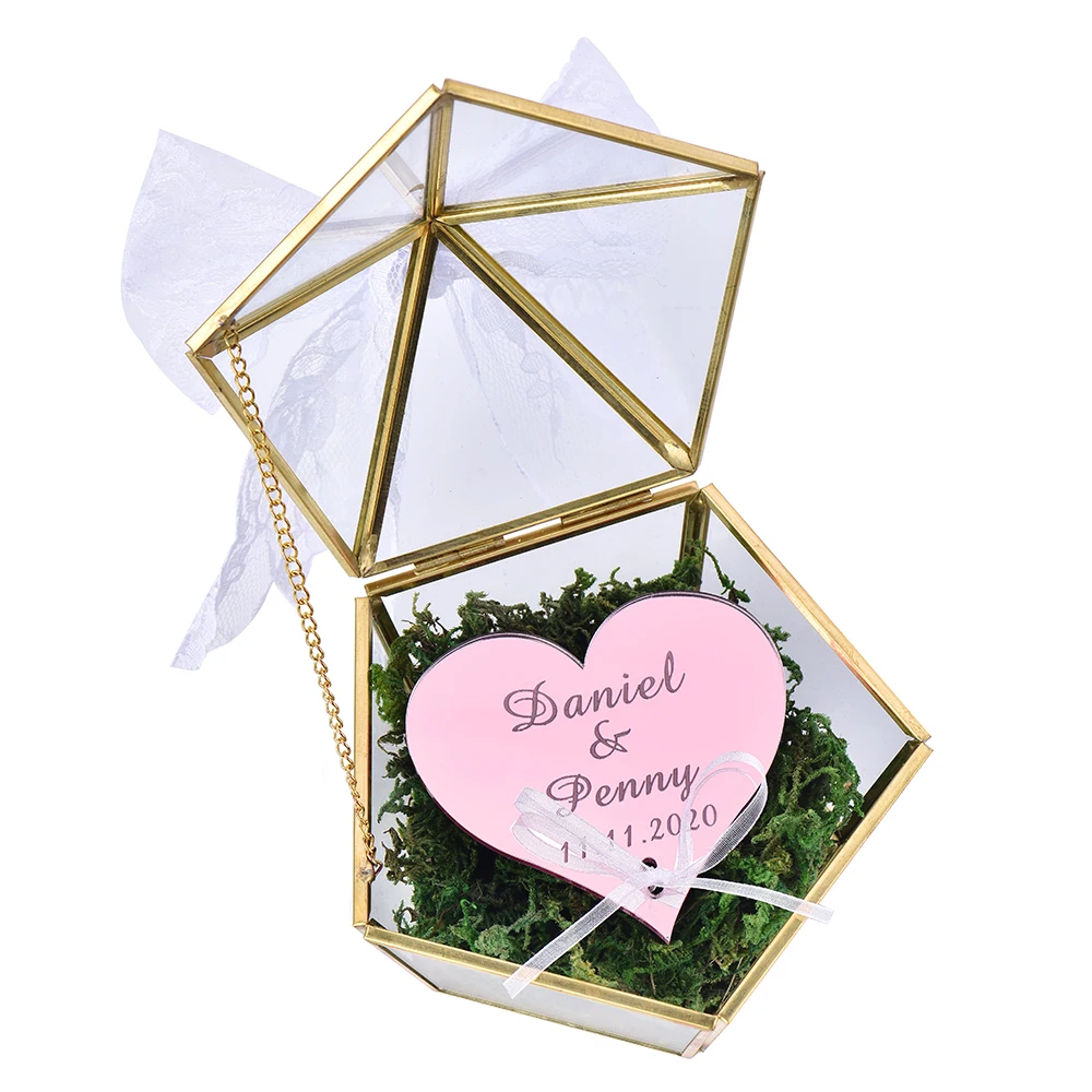 Style 15 Personalized Ring Box Engraved Name Wedding Glass Pillow Jewelry Box Pentagon Geometric Copper Ring Holder Customized Favor - Color: Style 15