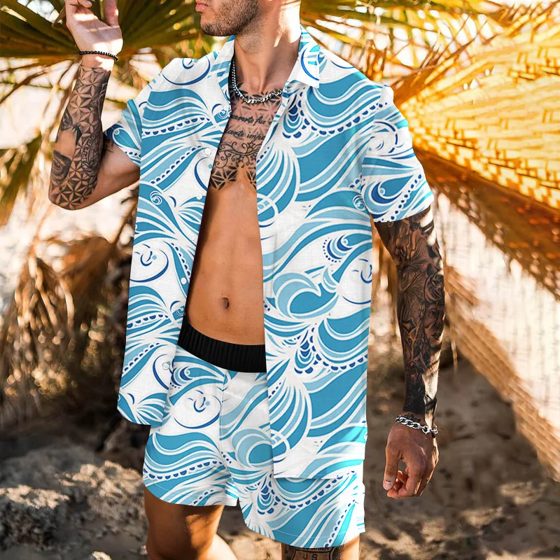 Summer Men's Shirt Beach Play Pants Suit Button Cardigan Drawstring Waist Loose Version Leisure Entertainment Outfit
