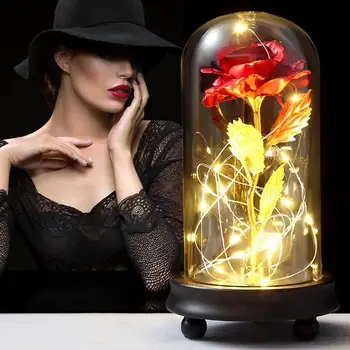 

Multiple Colour Beauty And The Beast Red Rose In A Glass Dome On A Wooden Base For Valentine's Gifts LED Rose Lamps Christmas