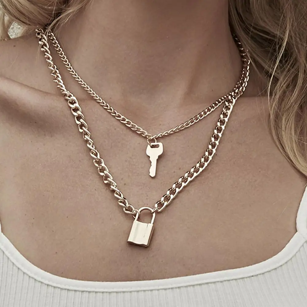

Men Women Necklace Choker Silver Gold Color Punk Hip-hop Multilayer Simple Retro Key Lock Pendant Necklace Female Chain