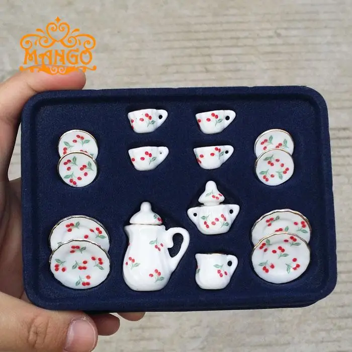 

1: 12 Doll House DIY Hut Mini Ceramic Finished Product Model Gift Toy 15 Head Tea Set Dishes a Set of Tableware
