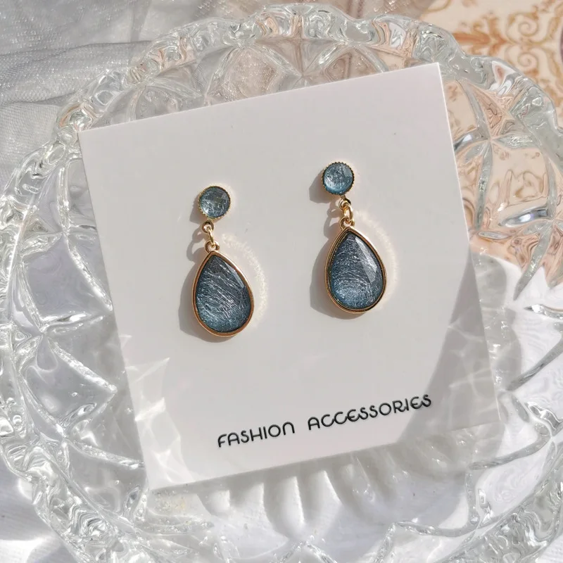 Women Ear Clip Earrings Japanese Simple Temperament Blue Crystal Stone Geometry Water Drop No Piercing Korean Gift