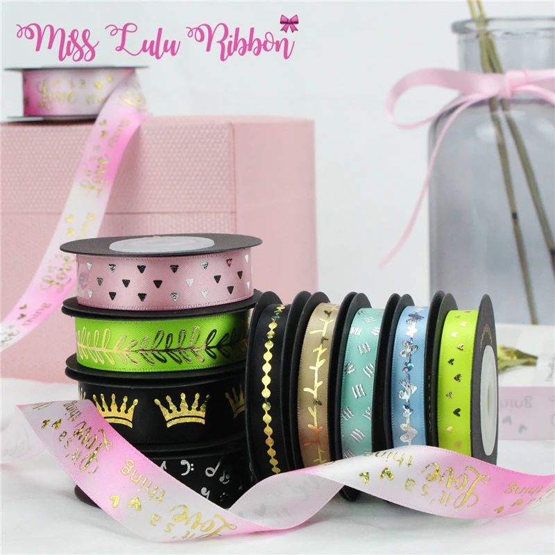 

5 Yards 10-20mm Valentine's Day Double Face Crown Bronzing Pattern Polyester Ribbon Gift Decoration Flower Decoration Ribbon