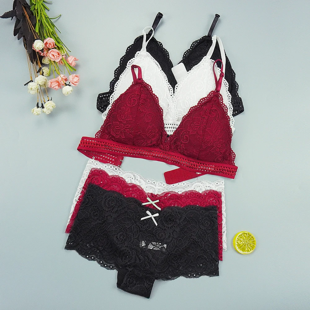 Reggiseno Panty Set Mutandine sexy Lingerie di pizzo Femme Intimo Push Up Sottile 1/2 Triangolo Coppe Bralette Scava fuori Slip_voghion.com