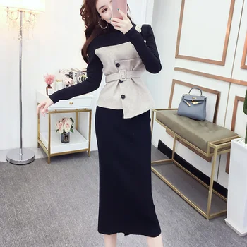 

2020 Two Pieces Sashes Turtle Neck Knitted Top +Skirt Elatic Waist Split 2020 Spring Autumn Casual Fashion Women Suit