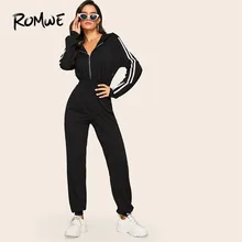 ROMWE Striped Side Zip Front Drawstring Hooded Black Jumpsuits For Women 2019 Sporty Casual Fall Long Sleeve Jumpsuit Overalls
