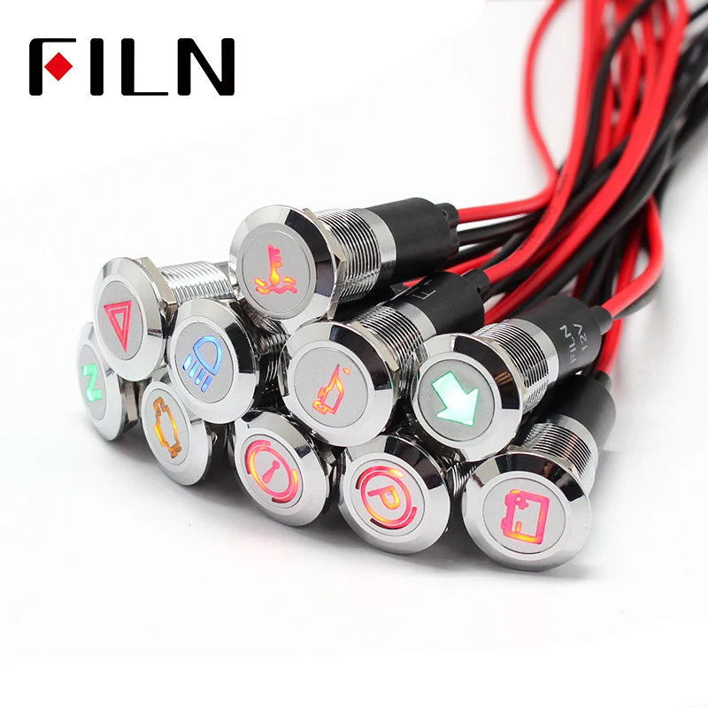 자동차 보트 LED 경고 대시 보드 신호 조명, 계기 파일럿 라이트, 블랙 크롬 마감, 방수 램프, 12mm 필름, 12V LED