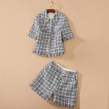 

HIGH QUALITY New 2020 Designer Runway Suit Women's Turn-down Collar short Sleeve Tassel Plaid blazer coat short pant set