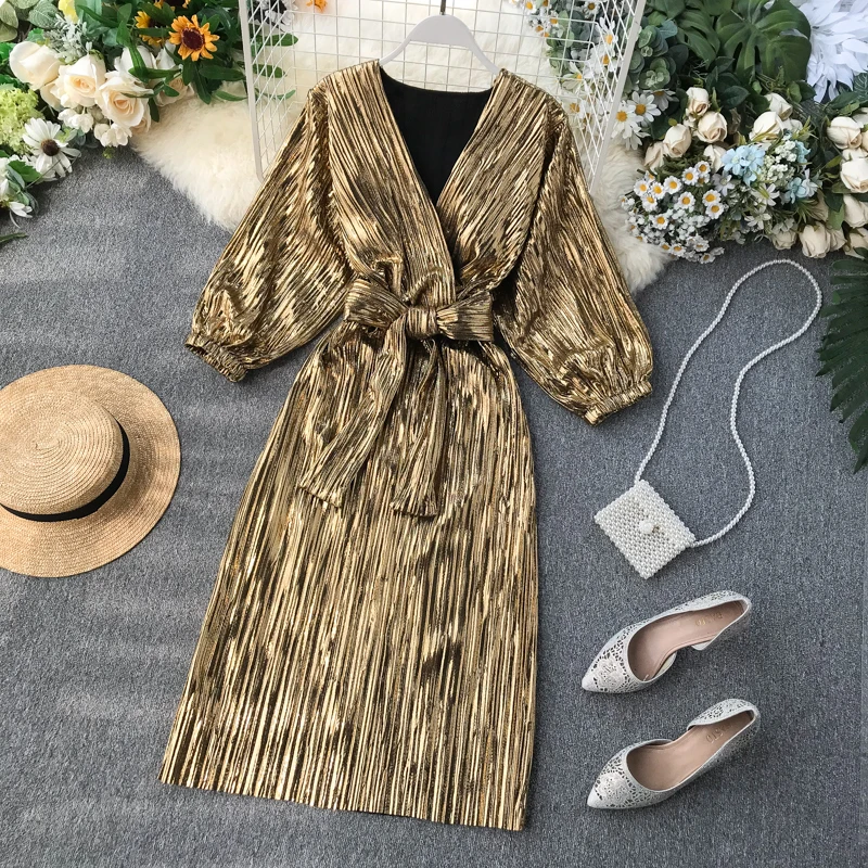 Женское длинное платье с пышными рукавами элегантное винтажное V образным