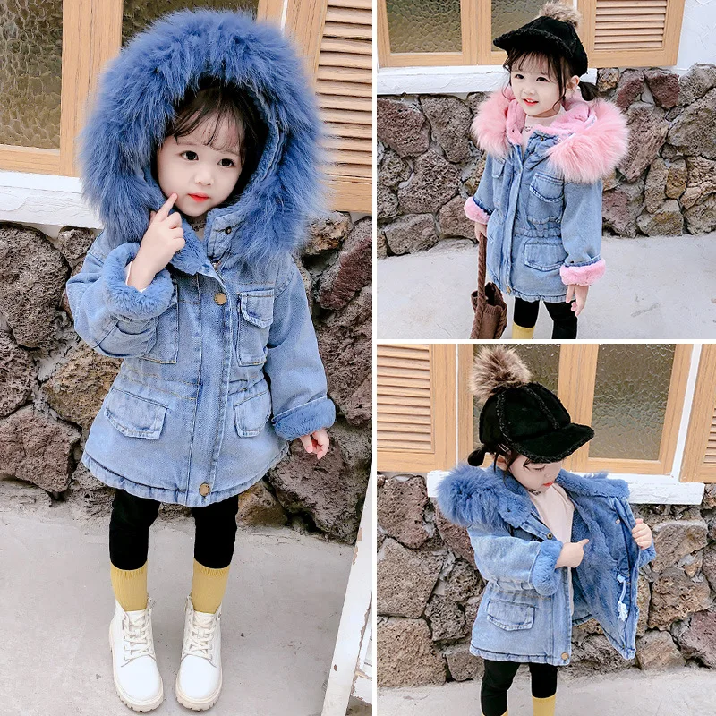 

2019 Winter Baby Girl Denim Jacket Plus Velvet Real Fur Warm Coats Toddler Girl Outerwear1-5 Years Kids Infant Girl Parkas