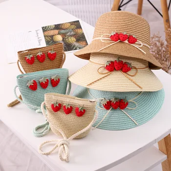 

Children's hat foldable beach hat sunscreen sun hat girl princess hat girl summer straw hat bag set