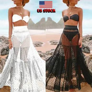 

US Mesh Sheer Soft Bikini Swimwear Cover Up Long Maxi Skirt Tube Top Beachwear