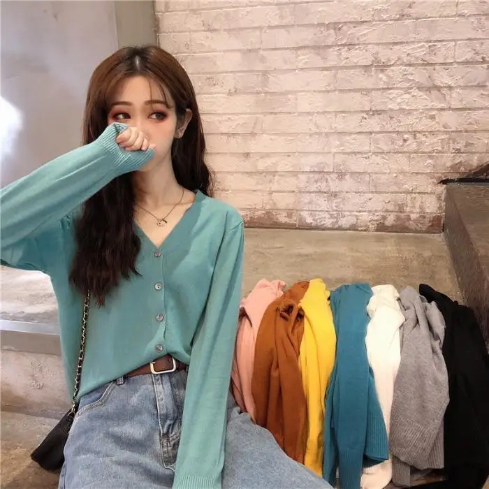 

Spring and Autumn Net Red Knitting New Korean Style Style V-neck All-match Long-Sleeved Bottoming Shirt Top Fashion