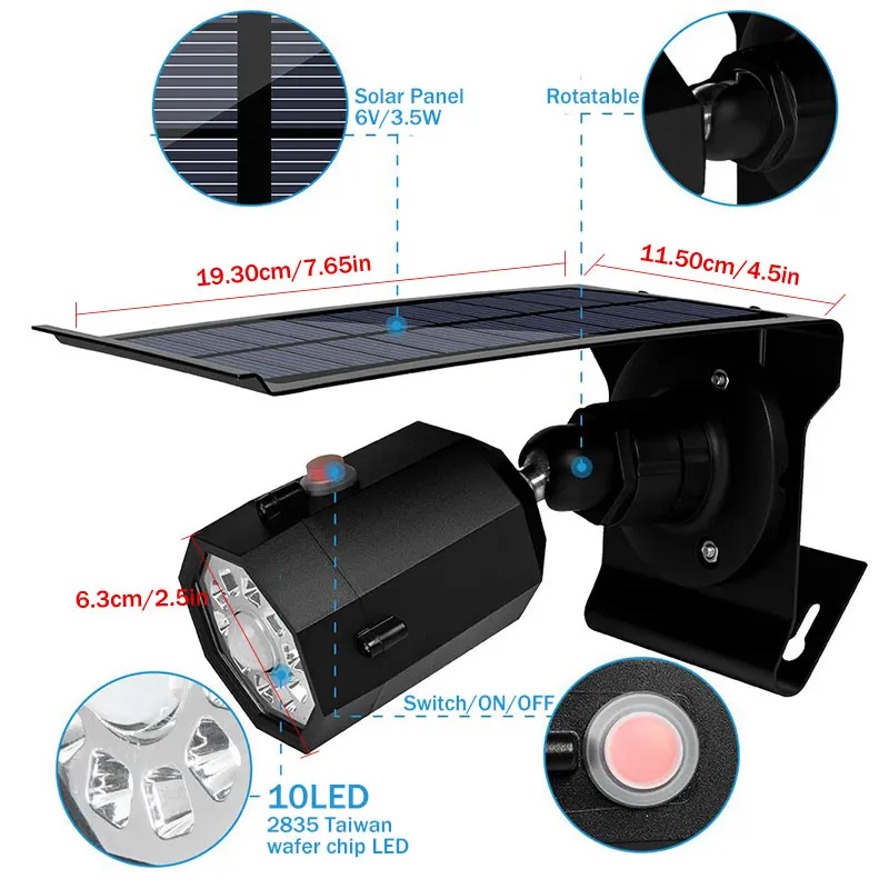 10 Светодиодный светильник на солнечной батарее, регулируемый светильник, угол поворота 500lm, водонепроницаемый светильник, точечный светильник с тремя режимами для наружного освещения, настенный светильник