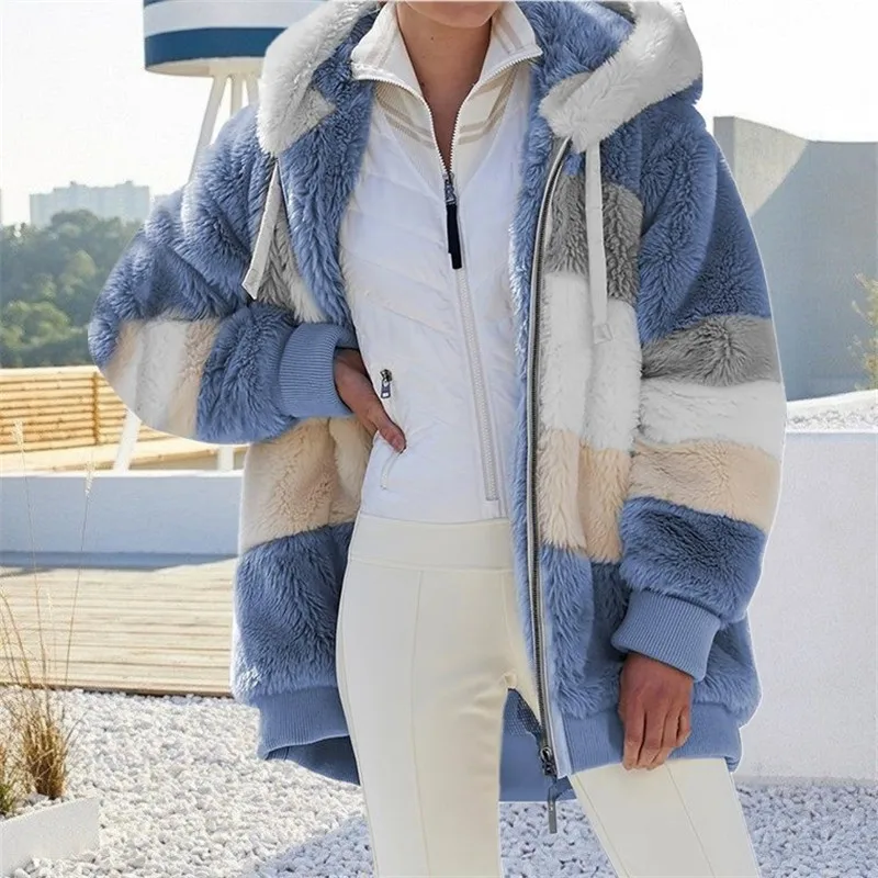 

Winter Women Jacket Warm Plush Casual Loose Hooded Coat Mixed Color Patchwork Winter Outwear Faux Fur Zipper Ladies Parka Coat