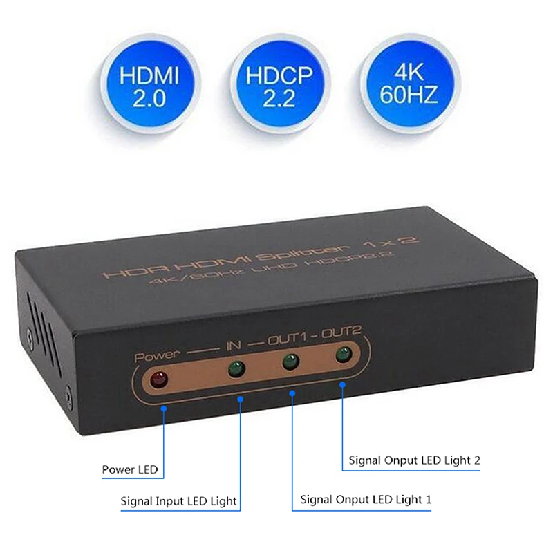FFYY-4K x 2K 60Hz HDR HDMI Splitter 1X2 HDMI 2.0 Switcher 1080P 3D HDCP2.2 Adapter for PC HDTV DVD CCTV PS3 4 EU Plug