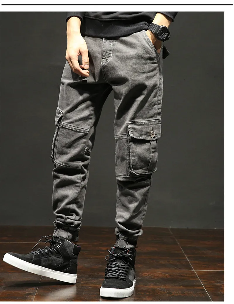 2018 New Men`s Casual Jeans Trousers Cool Fashion Male Loose Multi-pockets Military Tactical Cargo Pants Elastic Beam Foot Pants  (10)