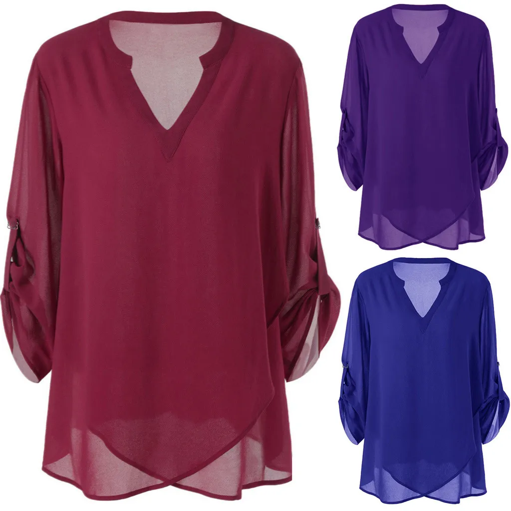 5xl de talla grande blusa Top Sexy V-cuello camisa Casual Manga ajustable de gasa blusas sólido camisa mujeres camiseta de verano de 2021 Блузка Женская