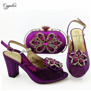 

High Class Purple Wedding/Party African Shoes And Clutch Bag Set With Crystal Stones QSL026 Heel Height 9CM