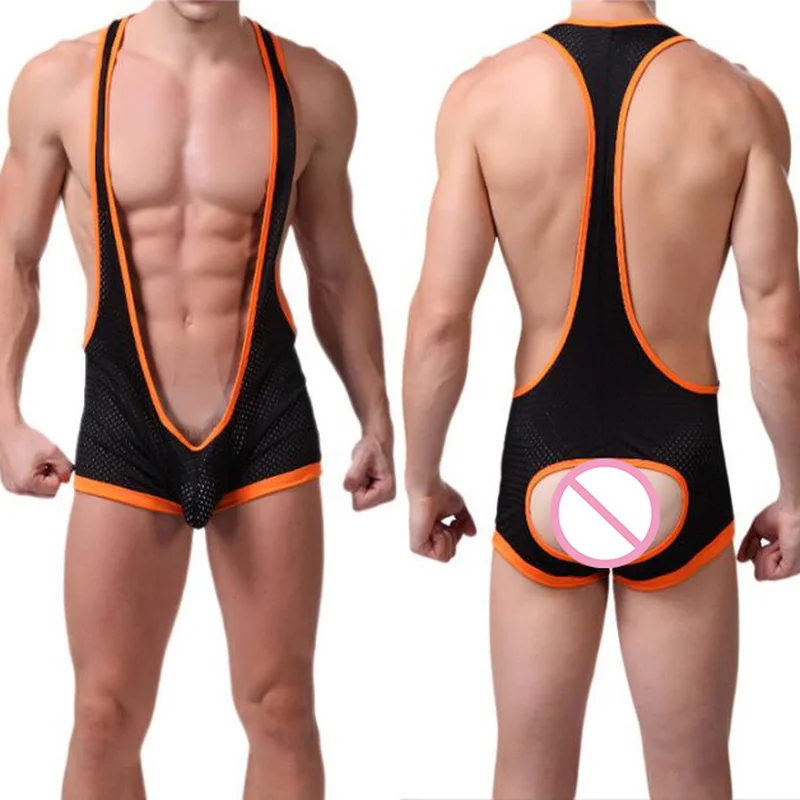 

Sexy Men Bodysuits Jockstrap Mesh Penis Pouch Gay Undershirts Open Butt Male Jumpsuits Bodybuilding Singlets Wrestling One-piece